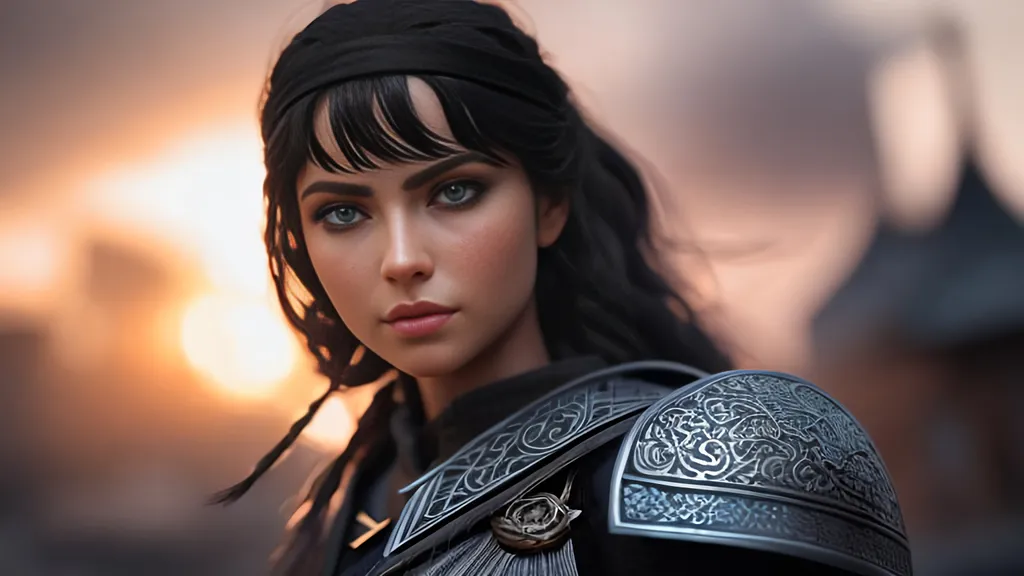 Prompt: she has black hair, create most beautiful fictional female viking princess warrior, black hair, light blue eyes, extremely detailed environment, detailed background, intricate, detailed skin, professionally color graded, photorealism, 8k, moody lighting