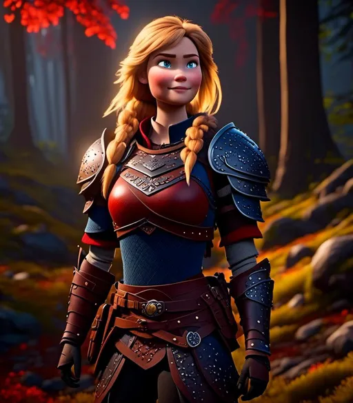 Prompt: <mymodel>CGI Animation, digital art, 20-year-old-old viking woman with light blue eyes standing in a dimly lit forest, blue clothes, red colored armor, blonde straight hair, subtle smile, unreal engine 8k octane, 3d lighting, full armor