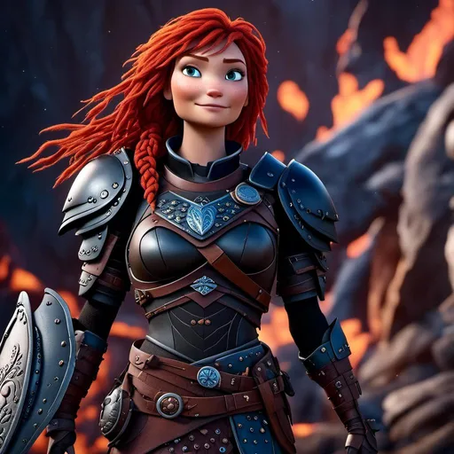 Prompt: <mymodel>CGI Animation of a viking middle-aged woman, red hair with braids and dreadlocks, blue eyes, all black gear and armor, leather highlights and textures, dragon scale textures and armor, intricate details, high quality, digital painting, cool tones, dramatic lighting