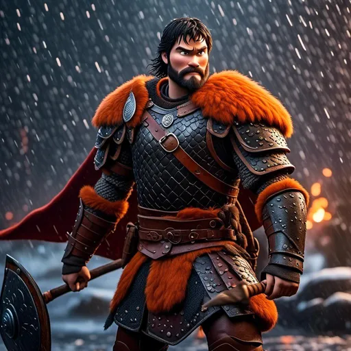 Prompt: <mymodel>Animated CGI style of a fierce Viking male about 25 years old, black hair, detailed facial features, leather armor {{((red))}} and orange armor, battle axe and shield, standing in the rain, intense and determined expression, dynamic and powerful pose, CGI, fierce male, Nordic designs, battle-ready, dynamic pose, professional lighting