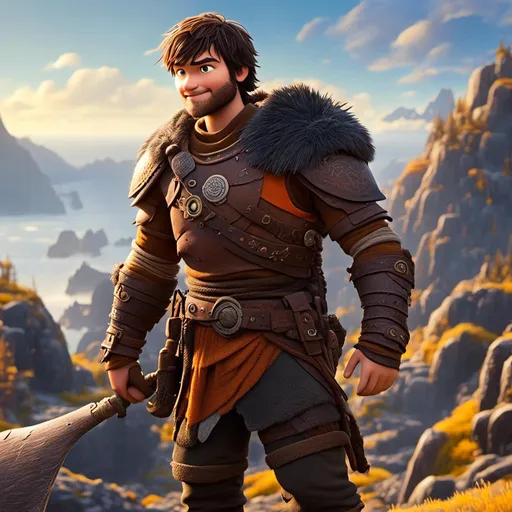Prompt: <mymodel>CGI Animation of a viking male, light and small body build, young looks, black short wavy hair, brown eyes, bright orange simple gear, yellow highlights and textures, full body picture, standing in a viking village, intricate details, high quality, digital painting, bright energetic tones, dramatic lighting