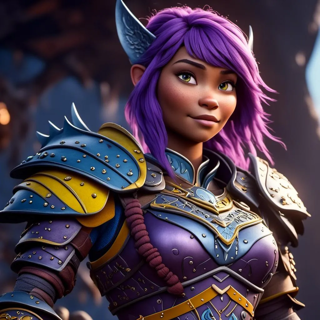 Prompt: <mymodel>CGI Animation of a viking female, purple hair, blue and yellow gear and armor, intricate details, high quality, digital painting, cool tones, dramatic lighting