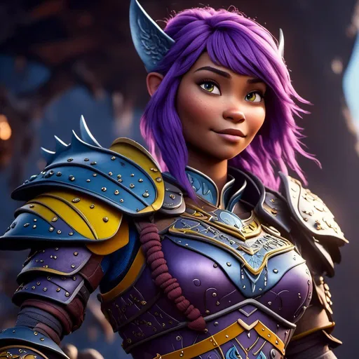 Prompt: <mymodel>CGI Animation of a viking female, purple hair, blue and yellow gear and armor, intricate details, high quality, digital painting, cool tones, dramatic lighting