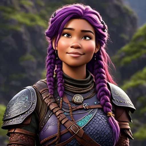 Prompt: a photo of <mymodel>, a viking female, purple hair in a single braid, age of 25-years-old