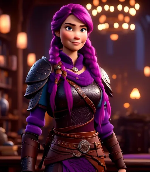 Prompt: <mymodel>CGI Animation, digital art, 20-year-old-old viking woman with light blue eyes, she is standing in her library, she is of royalty, {{black gear, purple armor}}, purple hair, single braid down her shoulder with a tiara, subtle smile, unreal engine 8k octane, 3d lighting, close up camera shot on the face, full armor