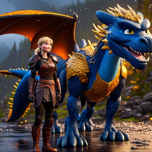 Prompt: <mymodel>CGi Animation, 20-year-old viking woman with blue eyes, a rainy scene, she is standing next to a bright blue dragon with gold highlights, they are both in the rain, the viking woman has a subtle smile, blonde hair in a ponytail style, she has blue gear, gold armor, black pants, black boots, unreal engine 8k octane, 3d lighting, full body, full armor