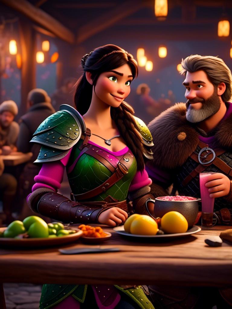 Prompt: <mymodel>CGI Animation, digital art, 20-year-old-old viking woman of royalty standing a busy tavern having a meal with her husband Jarl with green and brown armor, {{the woman has pink gear, purple armor}}, black hair, straight hair with a tiara, subtle smile, unreal engine 8k octane, 3d lighting, close up camera shot on the face, full armor