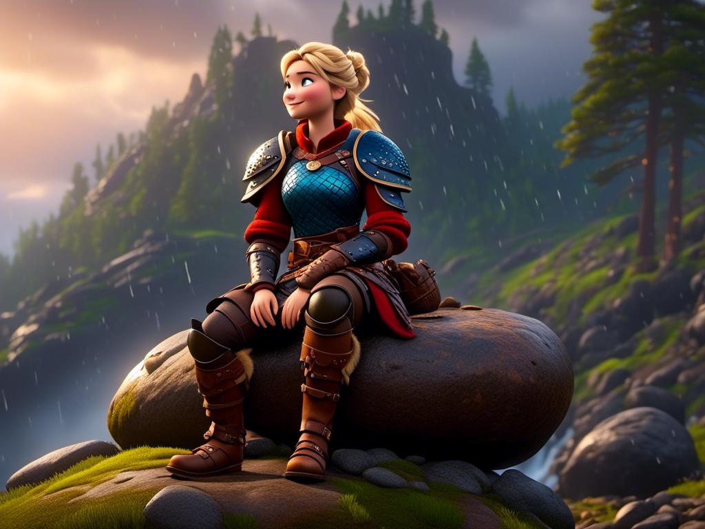 Prompt: <mymodel>CGi Animation, 20-year-old viking woman with blue eyes, a rainy scene, she is sitting on a boulder in a forest with it raining, the viking woman has a subtle smile, blonde hair in a ponytail style, she has blue gear, gold armor, black pants, black boots