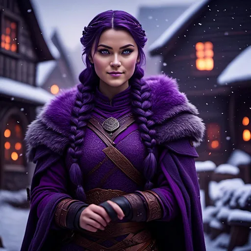 Prompt: Photo of <mymodel> she has a single braid down her shoulder with a heavy purple fur coat wearing a hood with a purple fur edge, she is in a viking village standing as snow falls