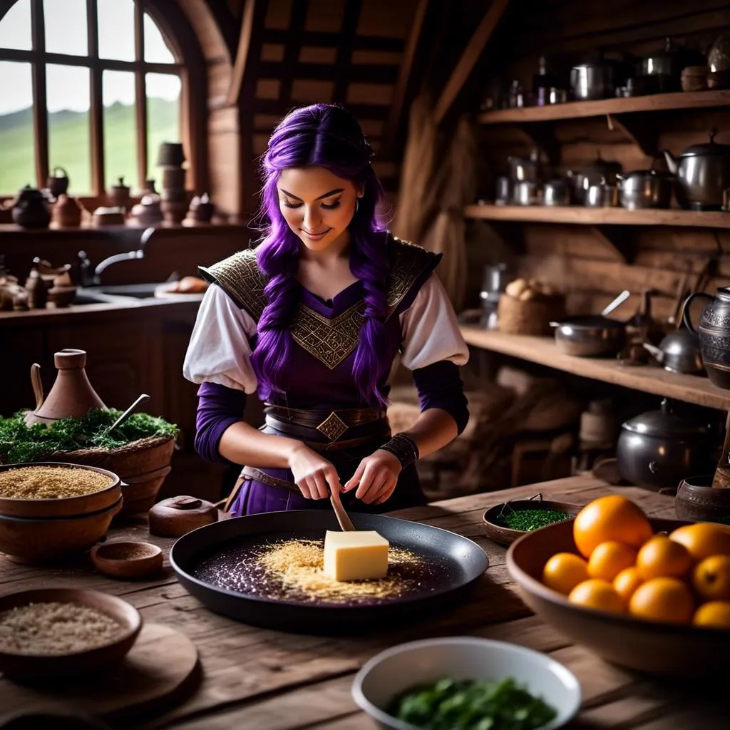 Prompt: Photo of <mymodel> working in the kitchen preparing food in her viking house