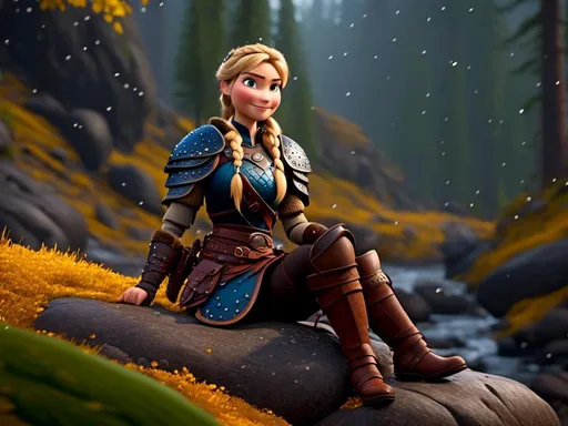 Prompt: <mymodel>CGi Animation, 20-year-old viking woman with blue eyes, ((she is wearing a tiara)), a rainy scene, she is sitting on a boulder in a forest, the viking woman has a subtle smile with it pouring down rain, blonde hair in a ponytail style, she has blue gear, gold armor, black pants, black boots