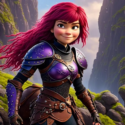 Prompt: a photo of <mymodel>, a caucasian viking female with purple hair and purple gear and armor