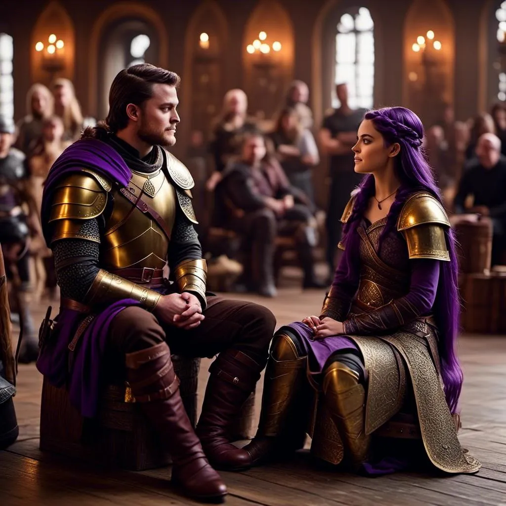 Prompt: Photo of a young <mymodel> sitting at the in the viking Great Hall from How to Train Your Dragon discussing politics with her husband a young Jarl Mollerson, ((he has short brown hair and no beard))