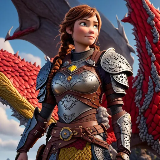 Prompt: <mymodel>CGI Animation of a viking female, brown hair with some braids, hazel eyes, bright red gear and armor, yellow highlights and textures, dragon scale textures and armor, intricate details, high quality, digital painting, cool tones, dramatic lighting