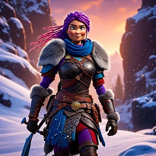 Prompt: <mymodel>CGi Animation, 25-year-old viking woman warrior with blue eyes, a snowy scene, the viking woman has a subtle smile, purple dreadlocks and braids in her hair, she has red gear, gold armor with bursts of blue textured splotches, black pants, black boots