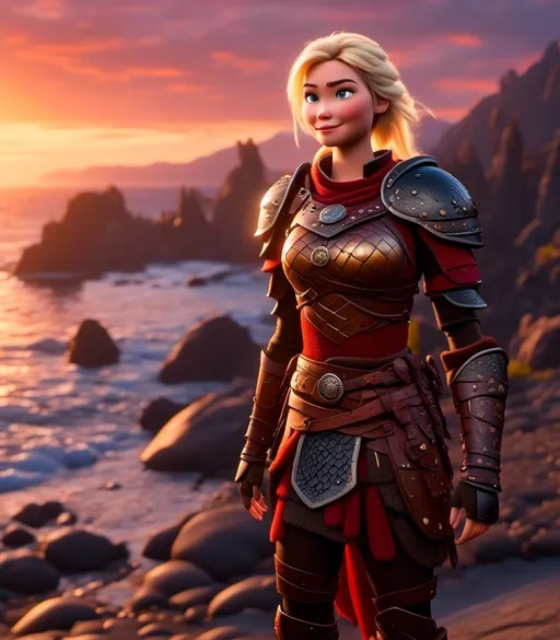 Prompt: <mymodel>CGI Animation, digital art, 20-year-old-old viking woman with blue eyes standing around several hot springs on a beach, sunset lighting, blue clothes, blue colored armor blonde straight hair, subtle smile, unreal engine 8k octane, 3d lighting, cinematic lighting, camera shot of full armor from head to toe