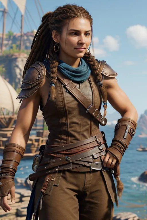 Prompt: Digital Art, 20-year-old pirate woman, muscular build, brown gear, brown shirt, brown pants, assassin's creed Odyssey armor, jeweled hair band, brunette hair, dreadlocks, subtle smile, beads hair, small red earrings, multiple braids, straight hair, blue eyes, bracelets, rings on fingers, mercenary gear, unreal engine 8k octane, 3d lighting, full body, full armor