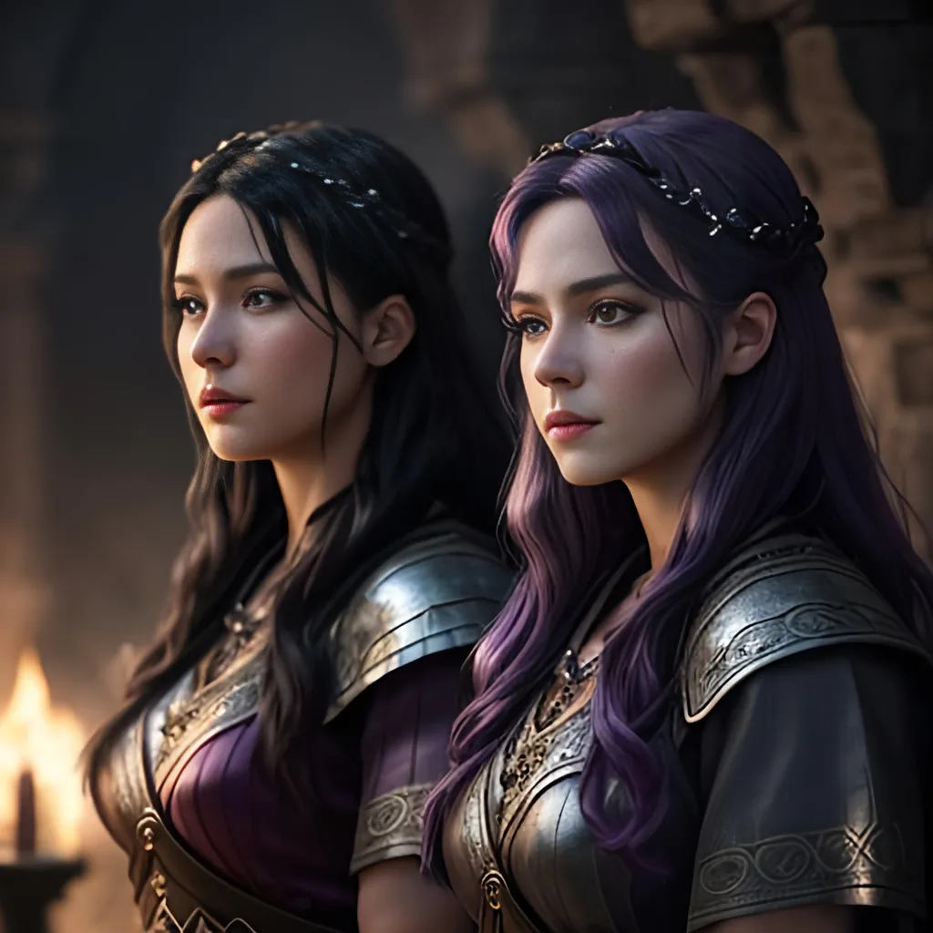 Prompt: create 2 of the most beautiful fictional female viking princesses one with dark purple hair and the other with black hair, an extremely detailed environment, detailed background, intricate, detailed skin, professionally color graded, photorealism, 8k, moody lighting