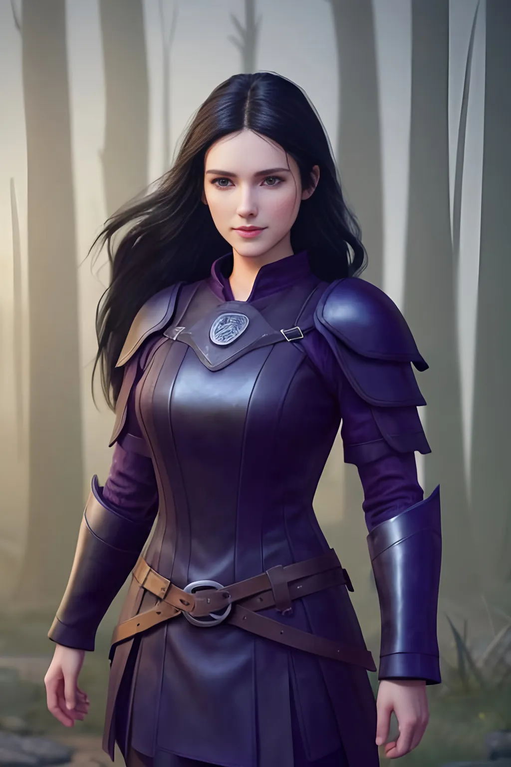 Prompt: Digital Art, 25-year-old viking woman, purple gear, purple clothes, subtle smile, black straight hair, dark purple eyes, a dark purple long-sleeve shirt, textured skirt down to knees, dark purple pants, dark purple armor, long black hair with volume, middle part in hair, leather boots, dark purple gear, unreal engine 64k octane, hdr, 3d lighting, full body, full armor