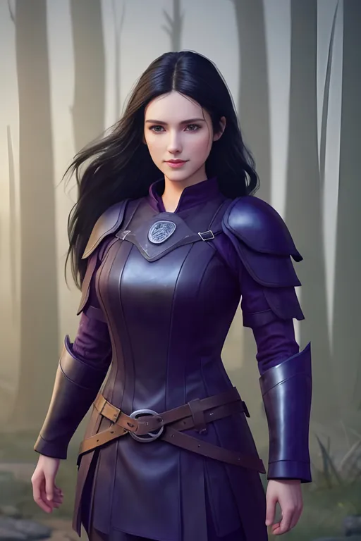 Prompt: Digital Art, 25-year-old viking woman, purple gear, purple clothes, subtle smile, black straight hair, dark purple eyes, a dark purple long-sleeve shirt, textured skirt down to knees, dark purple pants, dark purple armor, long black hair with volume, middle part in hair, leather boots, dark purple gear, unreal engine 64k octane, hdr, 3d lighting, full body, full armor