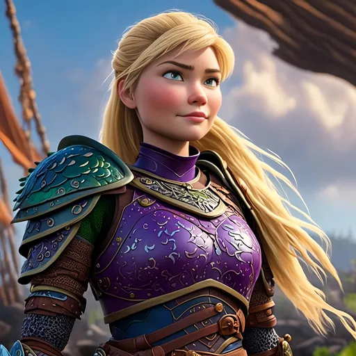 Prompt: <mymodel>CGI Animation of female viking, blonde straight hair, blue eyes, bright purple and green armor, yellow highlights dor gear and textures, full light body armor, standing in a viking village, intricate details, high quality, digital painting, cool tones, dramatic lighting