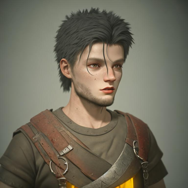 Prompt: Digital art, 22-year-old viking man, viking gear, black hair, hazel eyes, yellow viking gear, adventurer, unreal engine 8k octane, 3d lighting