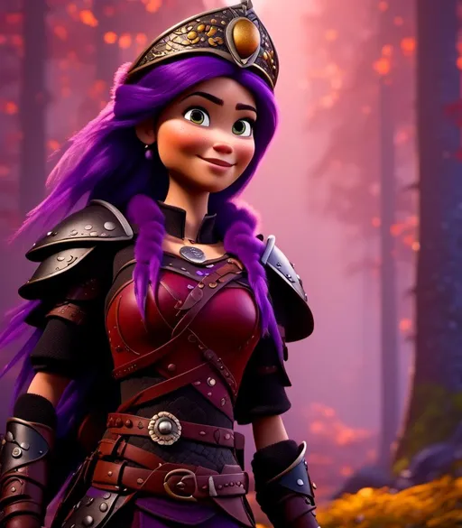 Prompt: <mymodel>CGI Animation, digital art, 20-year-old-old viking woman of royalty standing in a dimly lit thick forest with trees everywhere, dense fog, light blue eyes, {{black gear, purple armor}}, purple hair, single braid down her shoulder with a tiara, subtle smile, unreal engine 8k octane, 3d lighting, close up camera shot on the face, full armor