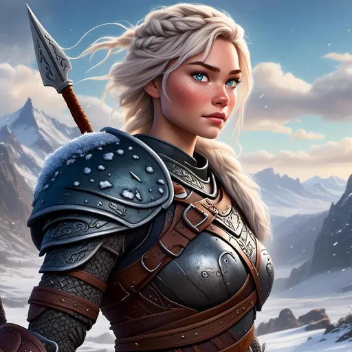 Prompt: <mymodel>digital art style of a fierce viking female warrior, detailed braided hair and battle scars, rugged and weathered armor, intense and determined gaze, snowy and rugged landscape, , fierce, warrior, detailed hair, battle scars, snowy landscape, intense gaze, weathered armor, dramatic lighting