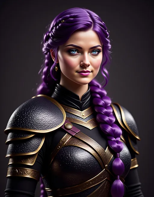 Prompt: <mymodel>realistic textures, create a beautiful looking 25-year-old-old viking woman with light blue eyes, she is standing in dark cave with barely any light, extreme intricate woven details on the armor, medium muscular build, black gear, black armor, black clothes, she has a subtle smile, purple hair with purple strands, standing in a viking great hall, single braid down her shoulder, unreal engine 32k octane, cinematic lighting, full armor