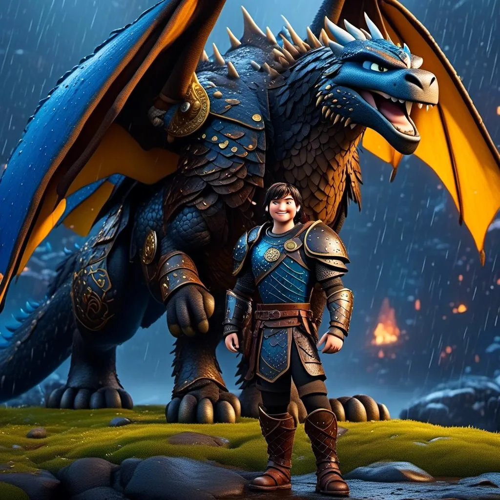 Prompt: <mymodel>CGi Animation, 20-year-old viking man with blue eyes, a rainy scene, the viking man has a subtle smile, black hair, he has blue gear, gold armor, black pants, black boots, he is standing next to a bright blue dragon with gold highlights, they are both in the rain, 