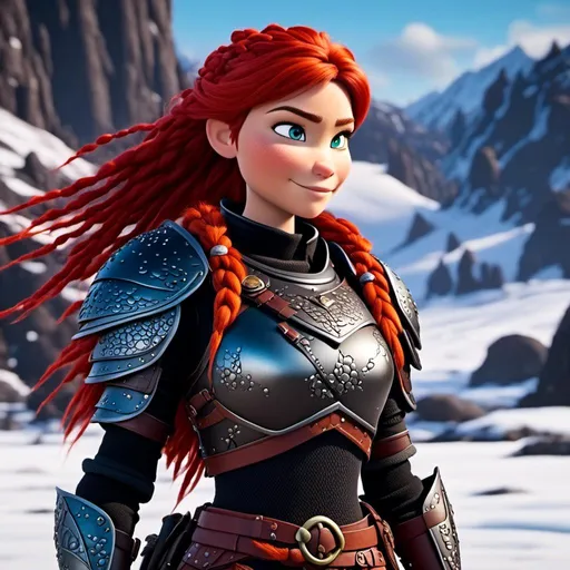 Prompt: <mymodel>CGI animation, 40-year-old woman, red hair, dreadlocks, braids, light blue eyes, black gear, black armor, standing on a snowy plain with her white dragon