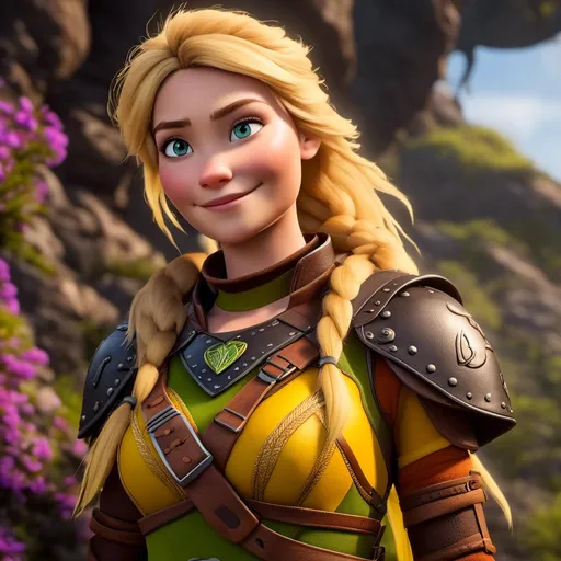 Prompt: <mymodel>CGi Animation, 20-year-old viking woman with two hair braid, subtle smile, blonde hair, blue eyes, green gear, green armor, yellow clothes, yellow textures and highlights, unreal engine 8k octane, 3d lighting, full body, full armor