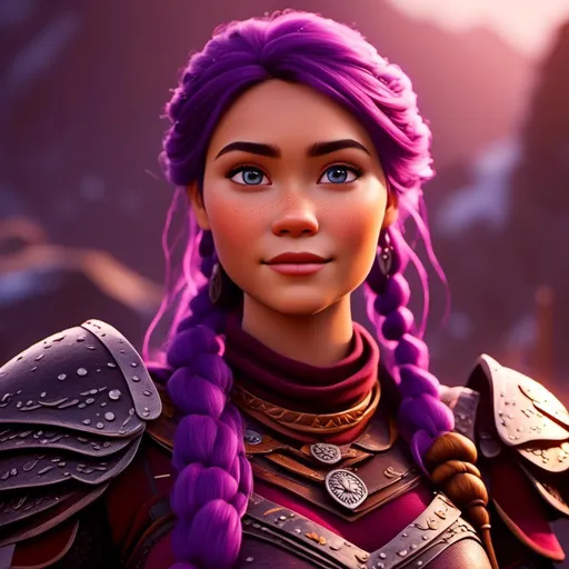 Prompt: <mymodel>CGI Animation, digital art, 20-year-old-old viking woman with light blue eyes, standing in a battle arena at the ready, purple hair with purple strands, single braid down her shoulder with a tiara, subtle smile, unreal engine 8k octane, 3d lighting, close up camera shot on the face, full armor