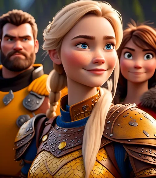 Prompt: <mymodel>CGI Animation, digital art, 20-year-old-old viking woman with light blue eyes standing with her brother and sister, yellow clothes, gold colored armor, blonde straight hair, subtle smile, unreal engine 8k octane, 3d lighting, close up camera shot on the face, full armor