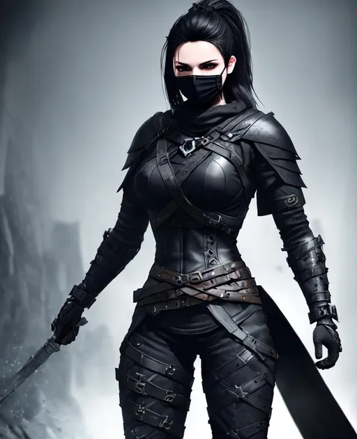 Prompt: Digital Art, a sinister viking woman, black armor, black gear, black mask  fully covering face, with black ponytail coming from mask, black cape, black bracers, black pants, black boots, unreal engine 8k octane, 3d lightning