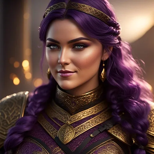 Prompt: create <mymodel> viking, vibrant colors, subtle smile, 23-year-old woman viking, dark purple hair, one braid, black pants, light blue eyes, cut over left eye to on cheekbone, black gear, gold armor, unreal engine 8k octane, 3d lighting, full body, full armor