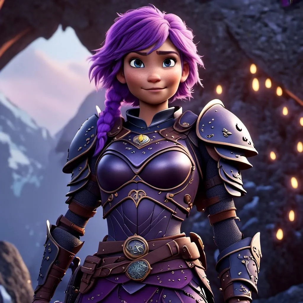 Prompt: <mymodel>CGI Animation of a viking female, purple hair, purple and black gear and armor, intricate details, high quality, digital painting, cool tones, dramatic lighting