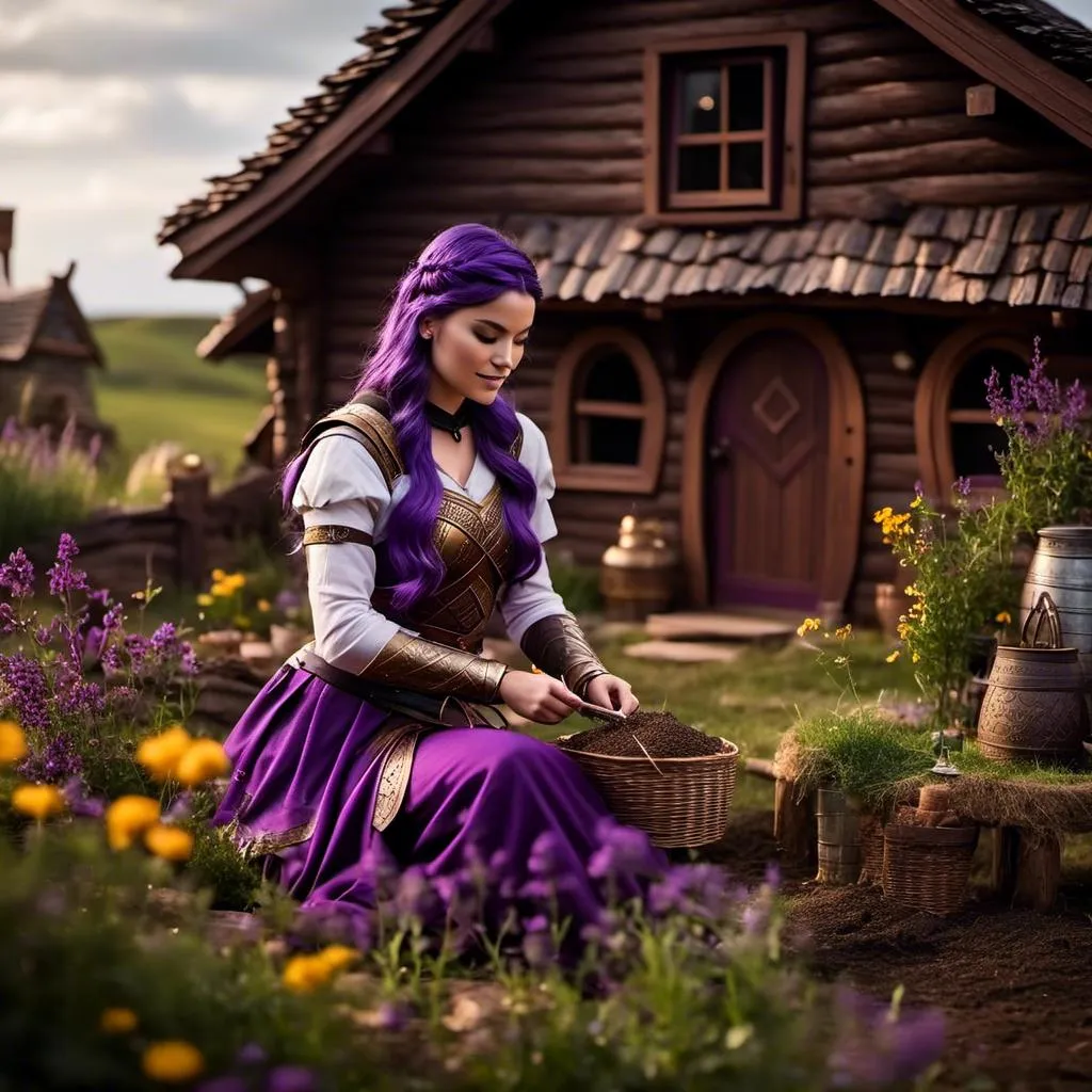 Prompt: Photo of <mymodel> tending to her garden beside her viking house