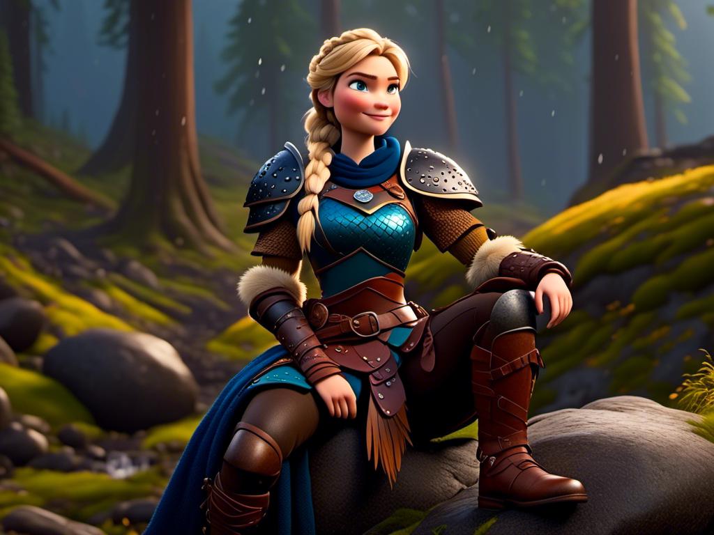 Prompt: <mymodel>CGi Animation, 20-year-old viking woman with blue eyes, ((she is wearing a tiara)), a rainy scene, she is sitting on a boulder in a forest, the viking woman has a subtle smile with it pouring down rain, blonde hair in a ponytail style, she has blue gear, gold armor, black pants, black boots