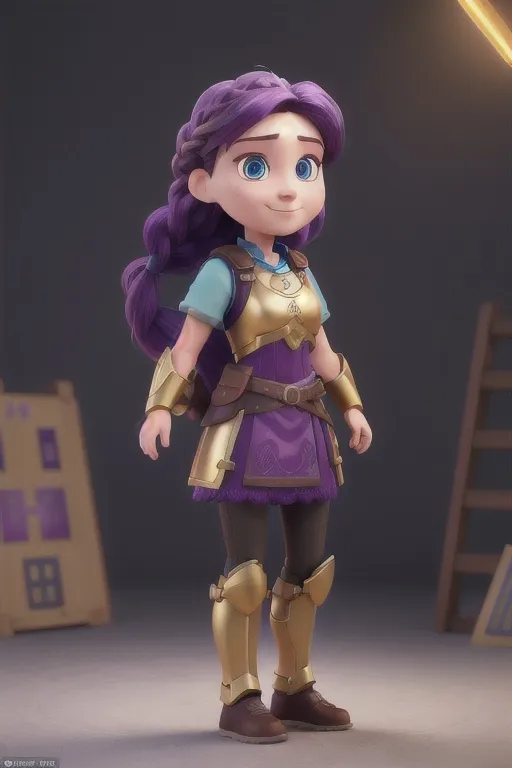 Prompt: Digital art, bright colors, subtle smile, 23-year-old woman viking, dark purple hair, one braid, light blue eyes, cut over left eye to on cheekbone, black gear, gold armor, unreal engine 8k octane, 3d lighting, full body, full armor