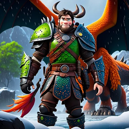 Prompt: <mymodel>CGi Animation, 20-year-old viking man with blue eyes, a rainy scene, the viking man has a subtle smile, black hair, he has red gear, orange armor, black pants, black boots, he is standing next to a bright green dragon with orange highlights, they are both in the rain, 