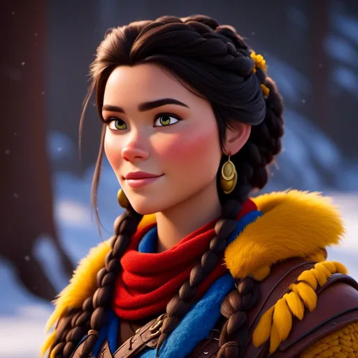 Prompt: <mymodel>CGI Animation, close-up portrait of the face, 20-year-old-old pirate viking woman sitting on a snow bank, a snowy scene, {{yellow gear, blue armor}}, black hair, an updo style of hair pulled back into a braid, subtle smile, beads hair, small red earrings, multiple braids, yellow gear, straight hair, green eyes, bracelets, rings on fingers, mercenary gear, unreal engine 8k octane, 3d lighting, close up camera shot on the face, full armor