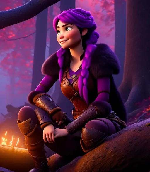 Prompt: <mymodel>CGI Animation, digital art, 20-year-old-old viking woman of royalty standing at night next to a tree with her hands resting on the bark, she is in a dimly lit thick forest with trees everywhere, dense fog, light blue eyes, {{black gear, purple armor}}, purple hair, single braid down her shoulder with a tiara, subtle smile, unreal engine 8k octane, 3d lighting, close up camera shot on the face, full armor