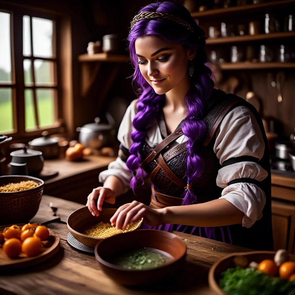 Prompt: Photo of <mymodel> working in the kitchen preparing food in her viking house, she has light blue eyes