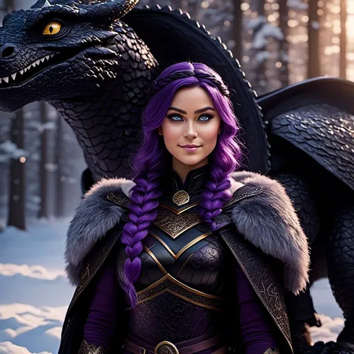 Prompt: Photo of <mymodel> standing next to her ((black)) razorwhip dragon from How to Train Your Dragon in the snow, she has light blue eyes, she is wearing a fur hood over her head, she is wearing a fur cape