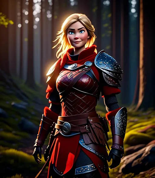 Prompt: <mymodel>CGI Animation, digital art, 20-year-old-old viking woman with light blue eyes standing in a dimly lit forest, blue assassin's creed clothes, red colored armor, blonde straight hair, subtle smile, unreal engine 8k octane, 3d lighting, cinematic lighting, camera shot of full armor from head to toe