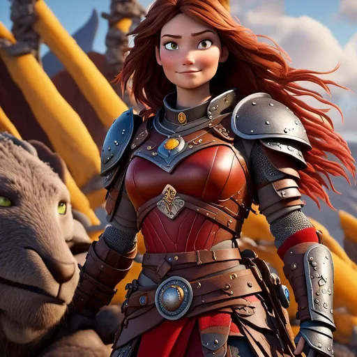 Prompt: <mymodel>CGI Animation of a viking female, brown hair, hazel eyes, bright red gear and armor, yellow highlights and textures, intricate details, high quality, digital painting, cool tones, dramatic lighting