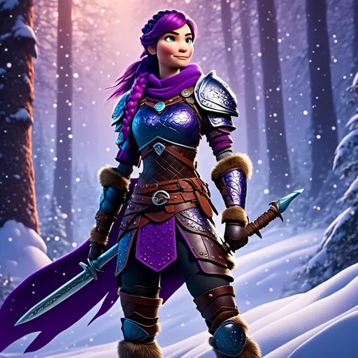 Prompt: <mymodel>a female viking warrior with purple hair standing in a snowy forest, black slender Razorwhip dragon, light blue eyes, single braid down shoulder, purple armor, subtle smile, full body, cool tones, dramatic lighting, simple details