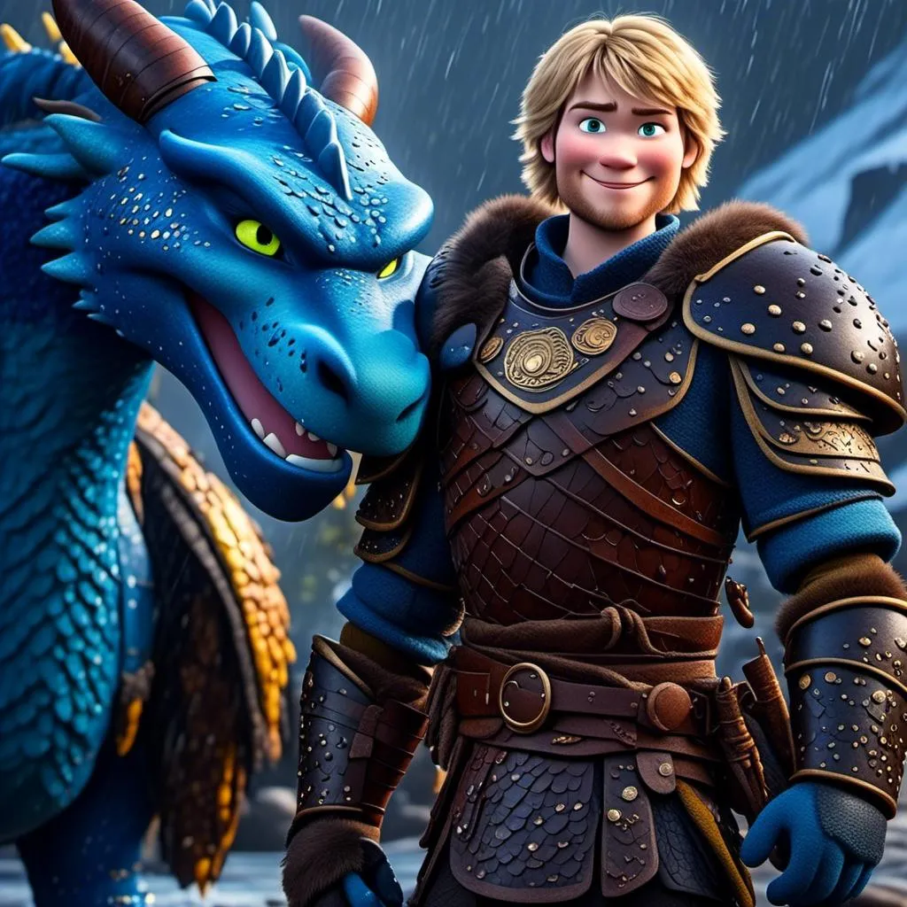 Prompt: <mymodel>CGi Animation, 20-year-old viking man with blue eyes, a rainy scene, he is standing next to a bright blue dragon with gold highlights, they are both in the rain, the viking man has a subtle smile, blonde hair, he has blue gear, gold armor, black pants, black boots