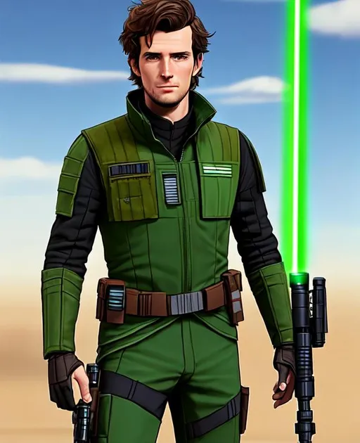 Prompt: Digital Art, 26-year-old man on Lothal in Star Wars, green lightsaber, green eyes, short brown hair, star wars pilot, green gear, gear armor, tactical belt, long sleeve shirt, brown pants, unreal engine 8k octane, full body, full gear